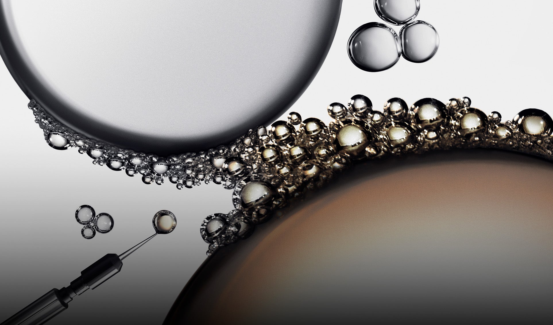 Close-up of a syringe with liquid near bubbles and a magnifying glass on a gradient background